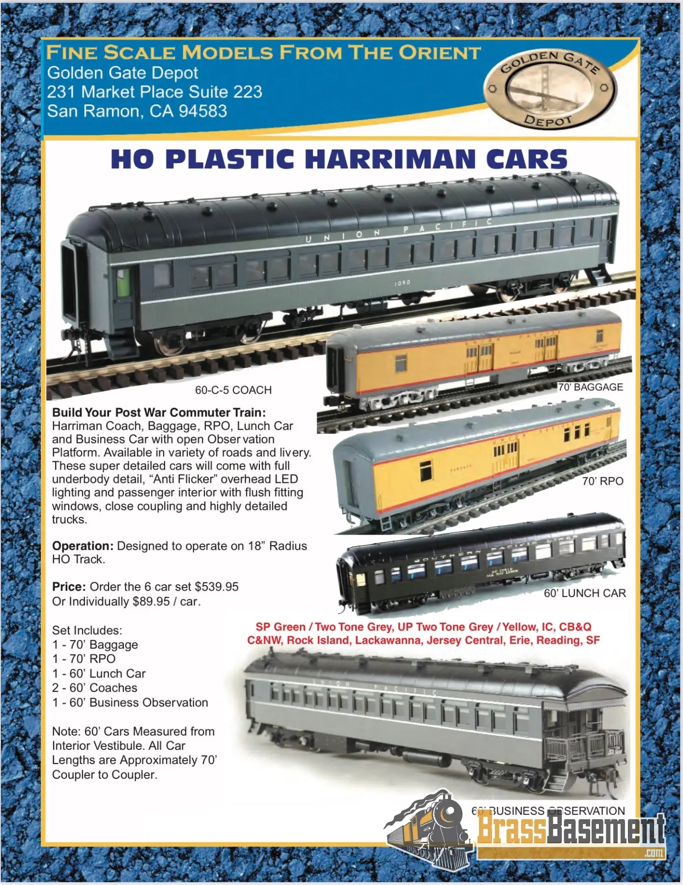 Ho Plastic - Golden Gate Depot Union Pacific Up Harriman Passenger Car Set 8 Pack Two - Tone Gray